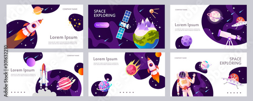 Set of web banners templates. Presentation. Cartoon modern design. Black holes. Space explore. Children vector illustration. Science. Horizontal banners. EPS 10