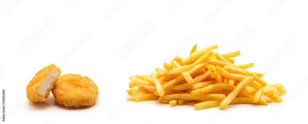 Fototapeta premium chicken nuggets and french fries on white background