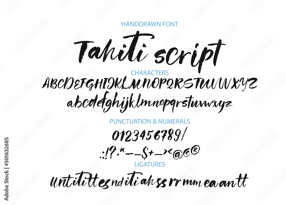 Textured calligraphy hand drawn vector alphabet. Rough grunge font. Latin script typeset with letters and numbers.