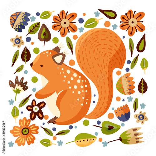 Squirrel cute forest seamless pattern in a flat style. Funny woodland animal art. Ornate vector illustration.
