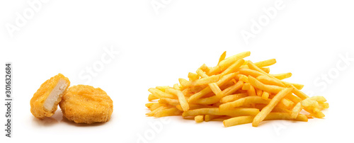 chicken nuggets and french fries on white background