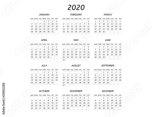 Simple calendar layout for 2020 years with horizontal and vertical dividing lines. Week starts from Sunday. Calendar design in black and white colors. Vector illustrations