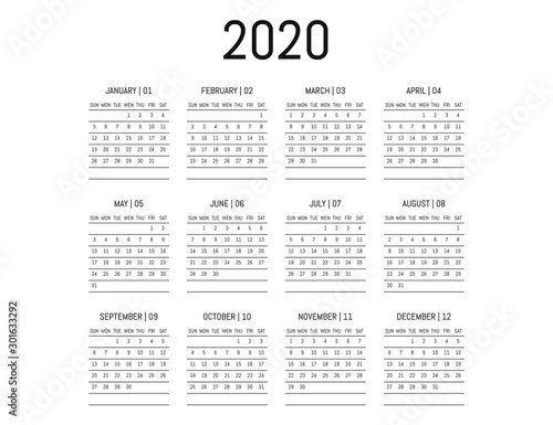 Simple calendar layout for 2020 years with horizontal and vertical dividing lines. Week starts from Sunday. Calendar design in black and white colors. Vector illustrations