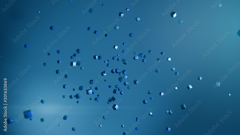 Futuristic abstract 3d render of flying cubes. Chaotic low poly particles in the virtual space. High technology concept. Background modern digital design. Futuristic abstract 3d render of flying cubes. Chaotic low poly particles in the virtual space. High technology concept. Background modern digital design.