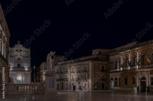 Nightscape of the central street of the Ortigia island at night, province of Siracusa, Sicily, south Italy