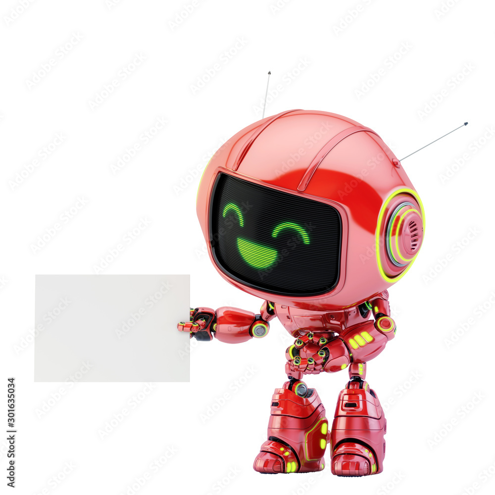 Cute smiling red robot toy holding blank poster, 3d rendering Stock