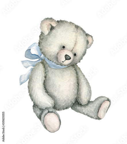 Hand drawn watercolor illustration of teddy bear. Great for old-fashioned designs, greeting cards 