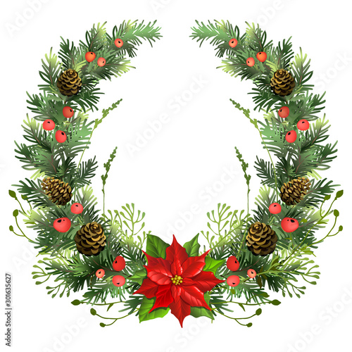 Christmas wreath with poinsettia, mistletoe leaves, fir branches and holly berries. Vector illustration.