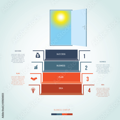 Template infographics. Steps staircase to the open door. Business success startup. Vector illustration for 4 positions, possible to use for workflows, banners, diagrams, web designs, timelines
