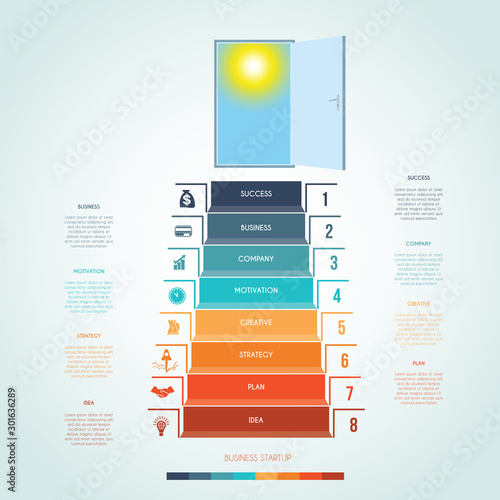 Template infographics. Steps staircase to the open door. Business success startup. Vector illustration for 8 positions, possible to use for workflows, banners, diagrams, web designs, timelines