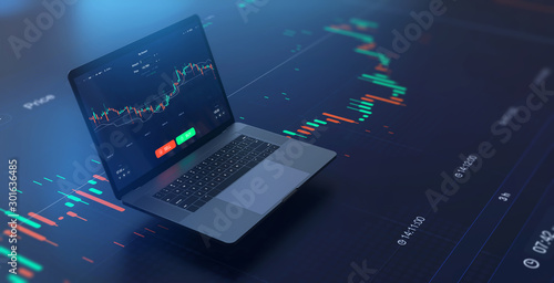 Futuristic stock exchange scene with laptop, chart, numbers and SELL and BUY options (3D illustration)