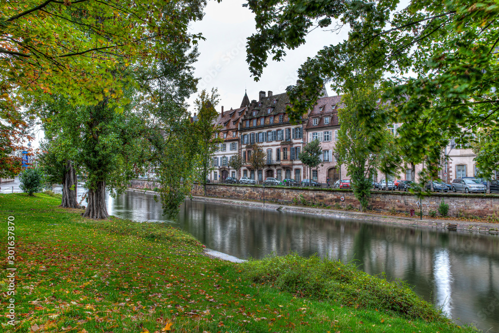 Canal with trees in Strasbourg, France