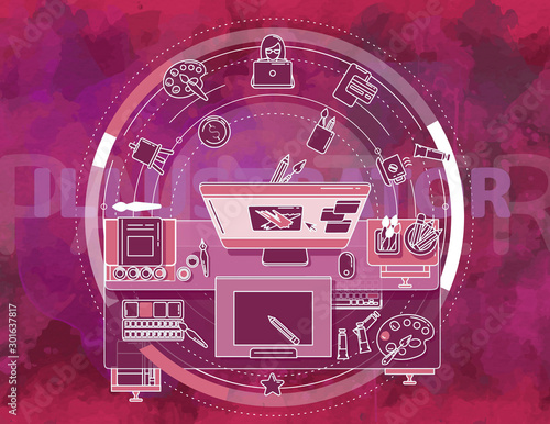 Composition on the topic of the illustrator for promotional poster.