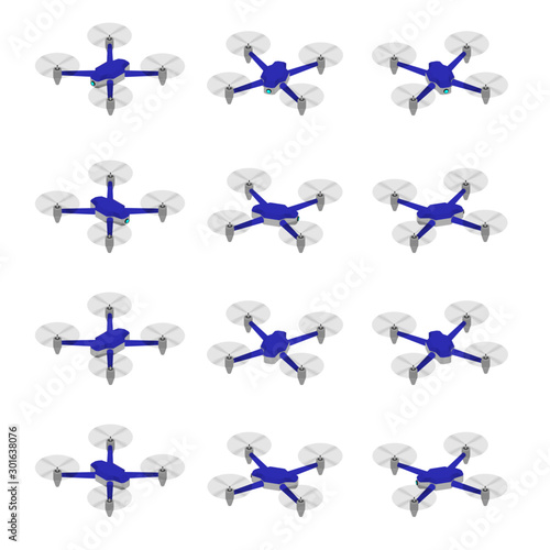 Animation of the rotation of the drone in isometric view. Quadrocopter with different viewing angles.
