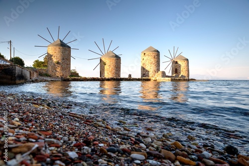 Famous windmills of Chios island a little before the sunset, Greece