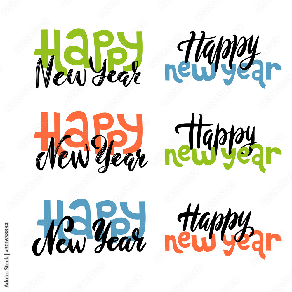 Set of hand lettering new year quotes - happy new year written in various styles. Brush calligraphy and squared routh text. Vector color collection.