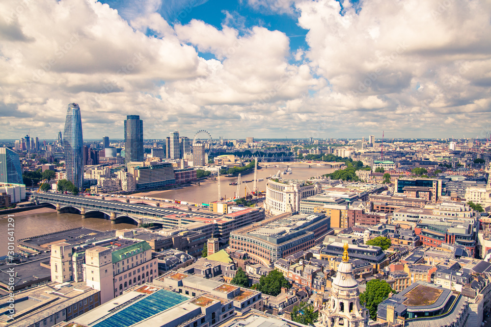 City of London view at sunny day. View include Office buildings, river Thames and bridge.  - obrazy, fototapety, plakaty 