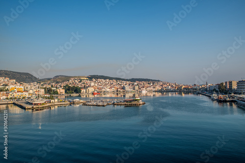 Mytilene port early in the morning as seen from the boat, in the island of Lesvos, Greece