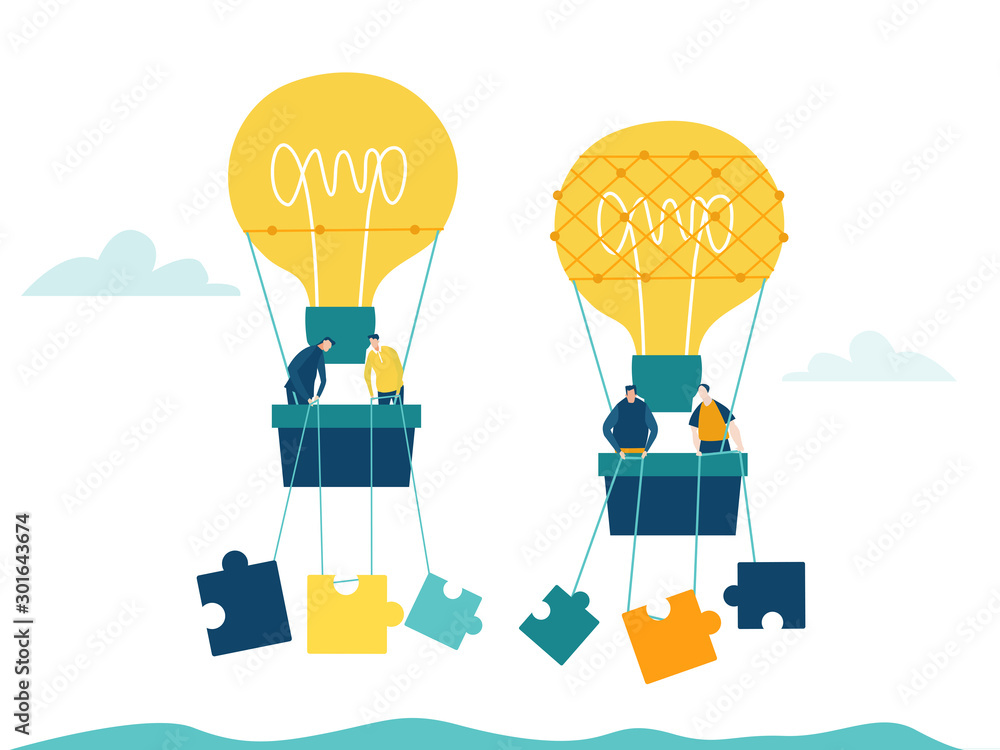 Two Air Balloons Light bulb with business people in baskets flying with puzzle pieces. Concept illustration, finding new opportunity, progress, success and support ideas. - obrazy, fototapety, plakaty 