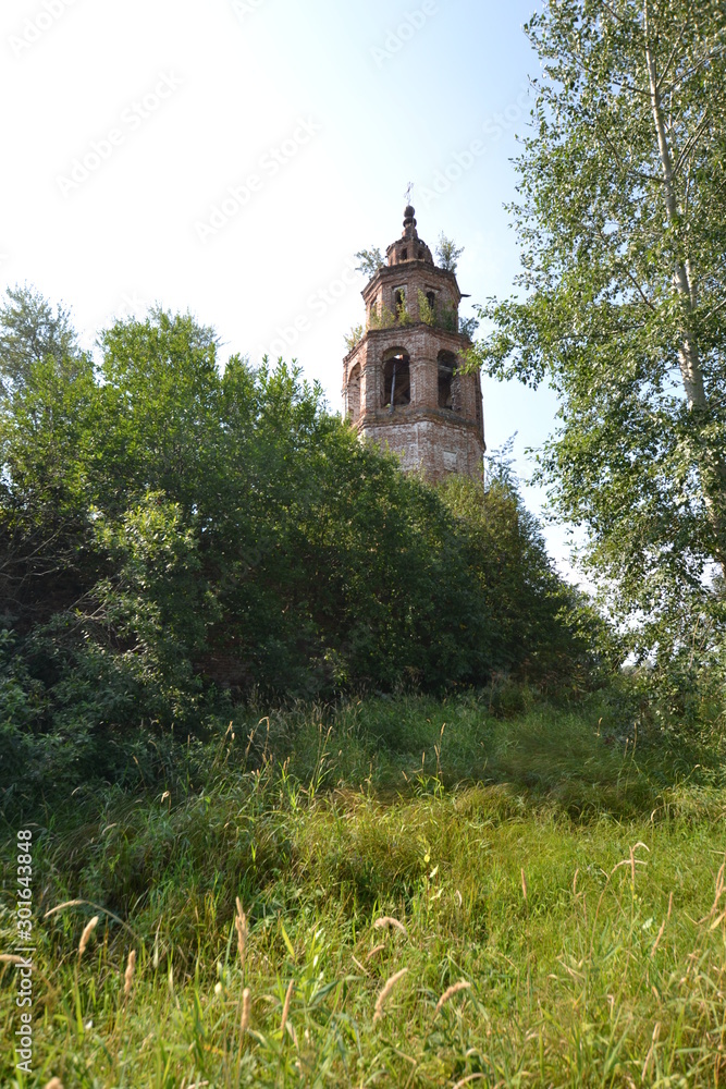the abandoned bell tower of the Rubezhy church in Usolye among the trees