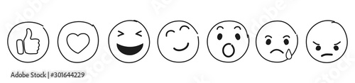 Set of Emoticons. Emoji social network reactions icon. Cartoon hand drawn emoticons - stock vector