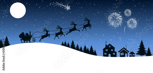 Santa Claus flyin on Christmas sleigh over the houses and gives gifts, delivers gifts in the night, Christmas card – vector