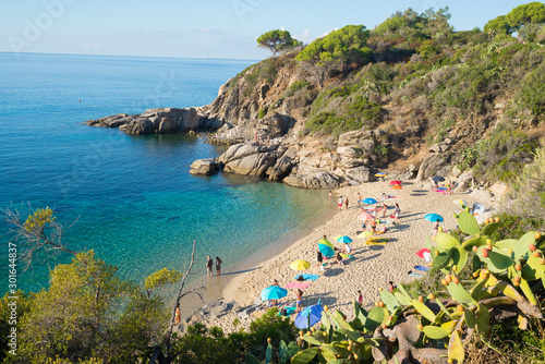 Fototapeta Naklejka Na Ścianę i Meble -  Cavoli, Isola d'Elba, Italy - September 2019: People on the famous Cavoli beach in the Isle of Elba, Tuscany