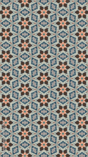 Abstract geometric flower design. Repeated seamless pattern for textile, wallpaper, wrapping paper, prints, surface design, inlay, parquet, web background or another accent etc