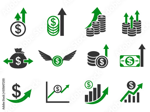 Money growth icon set, capital increase, savings accumulation, dollar rate increase – for stock