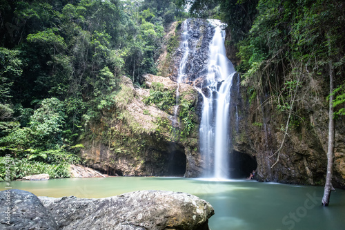 Amazing crystalline Blue water Salto de La India Waterfall in Santander  Colombia.  Long Exposure