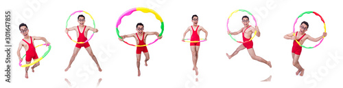 Funny sportsman with hula hoop on white © Elnur