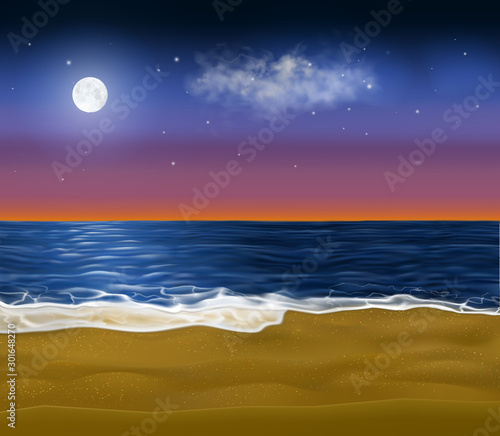 Realistic paradise coast early at morning. Vector sandy beach under the sunrise sky with moon still shining on it.