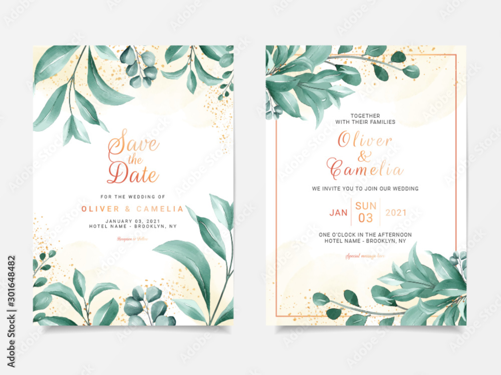 Greenery wedding invitation card template set with elegant leaves frame decoration. Floral background for save the date, invitation, greeting card, poster, multi-purpose