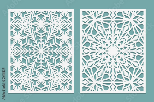 Die and laser cut decorative panels with snowflakes pattern. Laser cutting lace borders. Set of Wedding Invitation or greeting card templates.