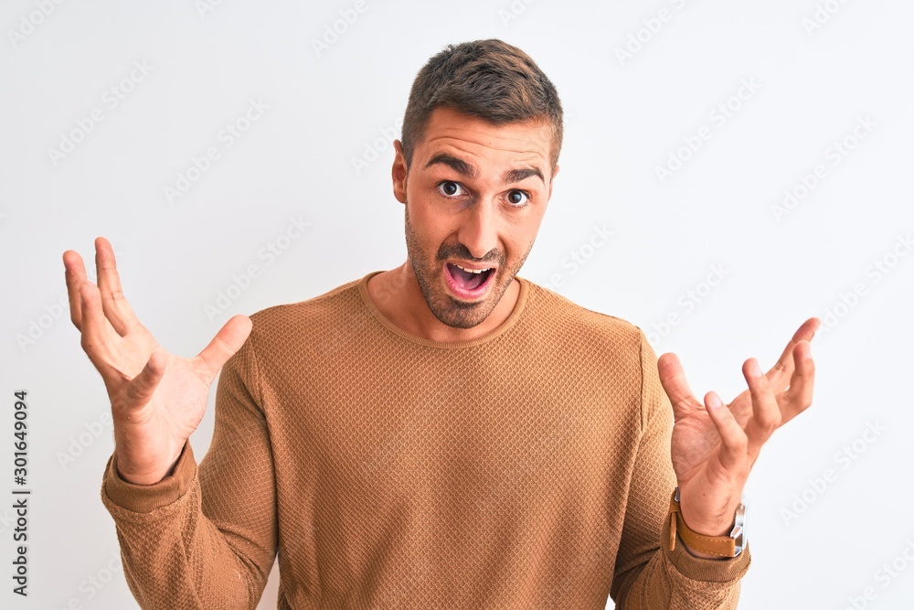 Young handsome elegant man wearing winter sweater over isolated background celebrating crazy and amazed for success with arms raised and open eyes screaming excited. Winner concept Young handsome elegant man wearing winter sweater over isolated background celebrating crazy and amazed for success with arms raised and open eyes screaming excited. Winner concept