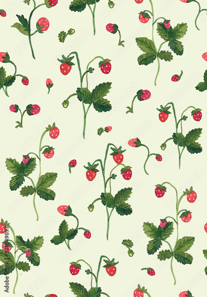Hand-painted seamless repeat pattern with beautiful wild strawberry vines and berries on an off-white background. Retro, botanical illustration inspired and sophisticated. Hand-painted seamless repeat pattern with beautiful wild strawberry vines and berries on an off-white background. Retro, botanical illustration inspired and sophisticated.