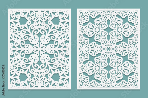 Die and laser cut decorative screen panels with snowflakes design. Lazer cutting lace borders. Set of Wedding Invitation or greeting card templates.