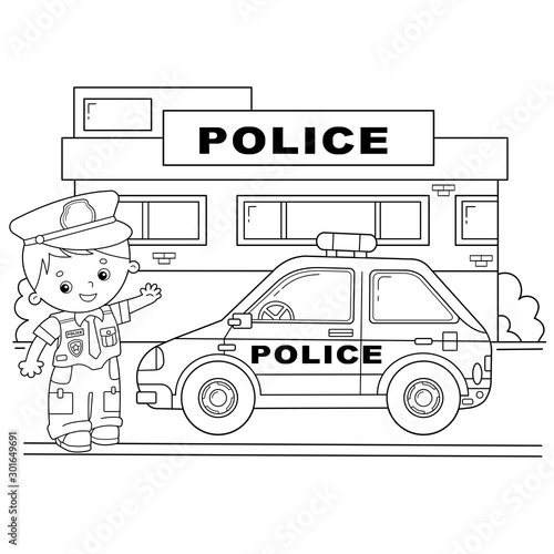 Coloring Page Outline Of cartoon policeman with car. Profession - police. Image transport or vehicle for children. Coloring book for kids.