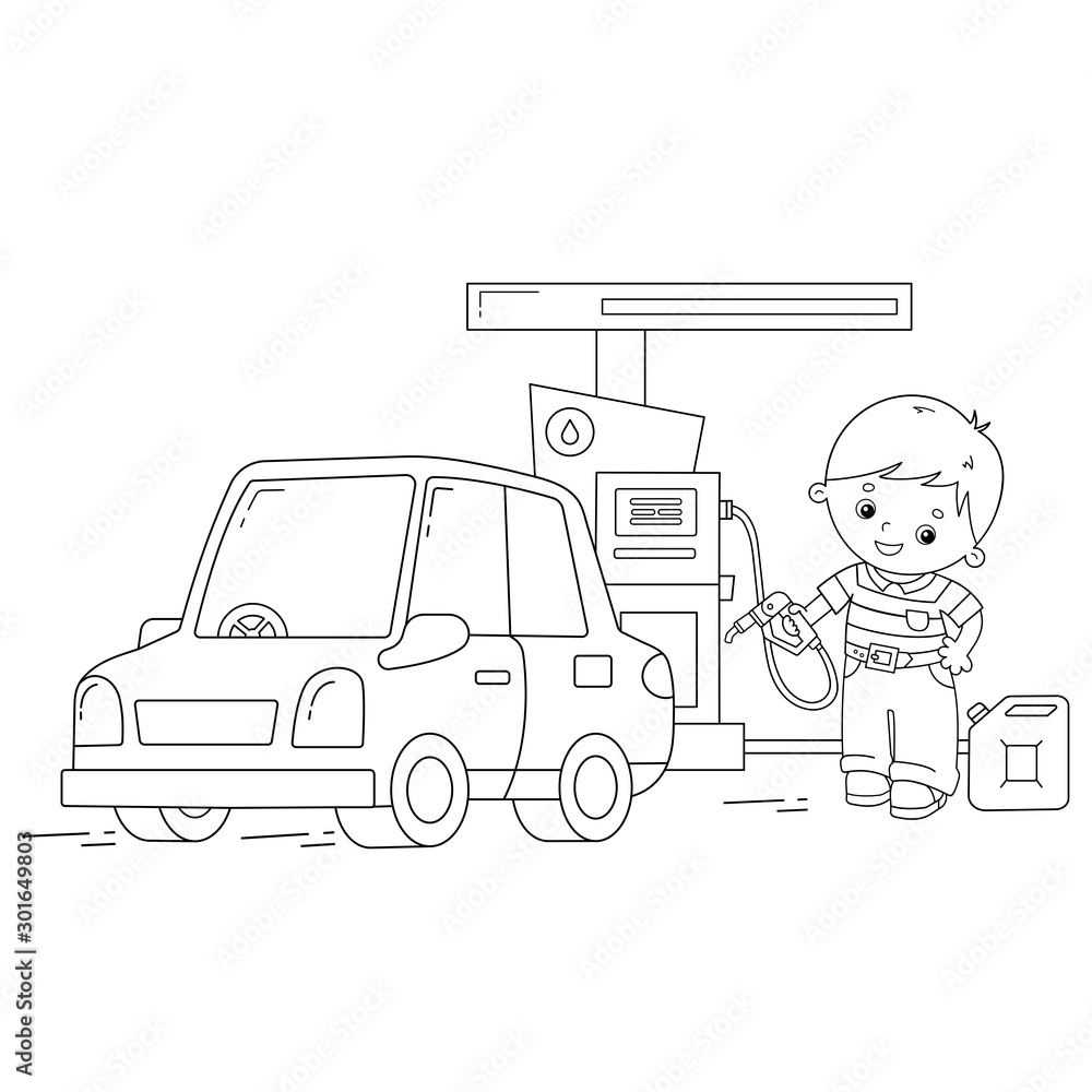 Coloring Page Outline Of cartoon driver with car on petrol station. Images transport or vehicle for children. Coloring book for kids.