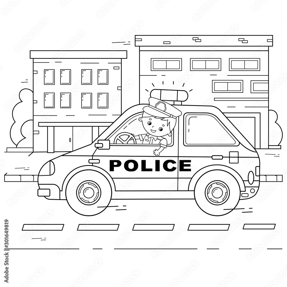 Coloring Page Outline Of cartoon policeman with car. Profession ...