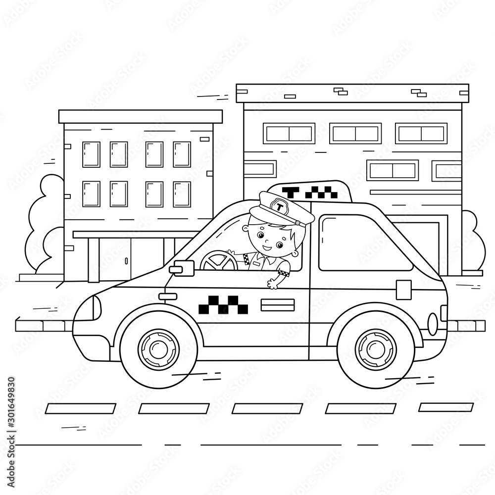 Coloring Page Outline Of cartoon taxi driver with car. Profession ...