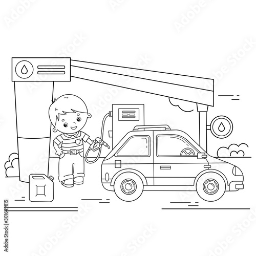 Coloring Page Outline Of cartoon driver with car on petrol station. Images transport or vehicle for children. Coloring book for kids.
