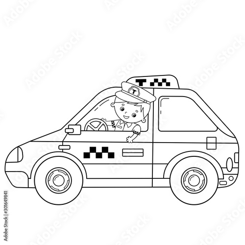 Coloring Page Outline Of cartoon taxi driver with car. Profession - driver. Taxi. Image transport or vehicle for children. Coloring book for kids.