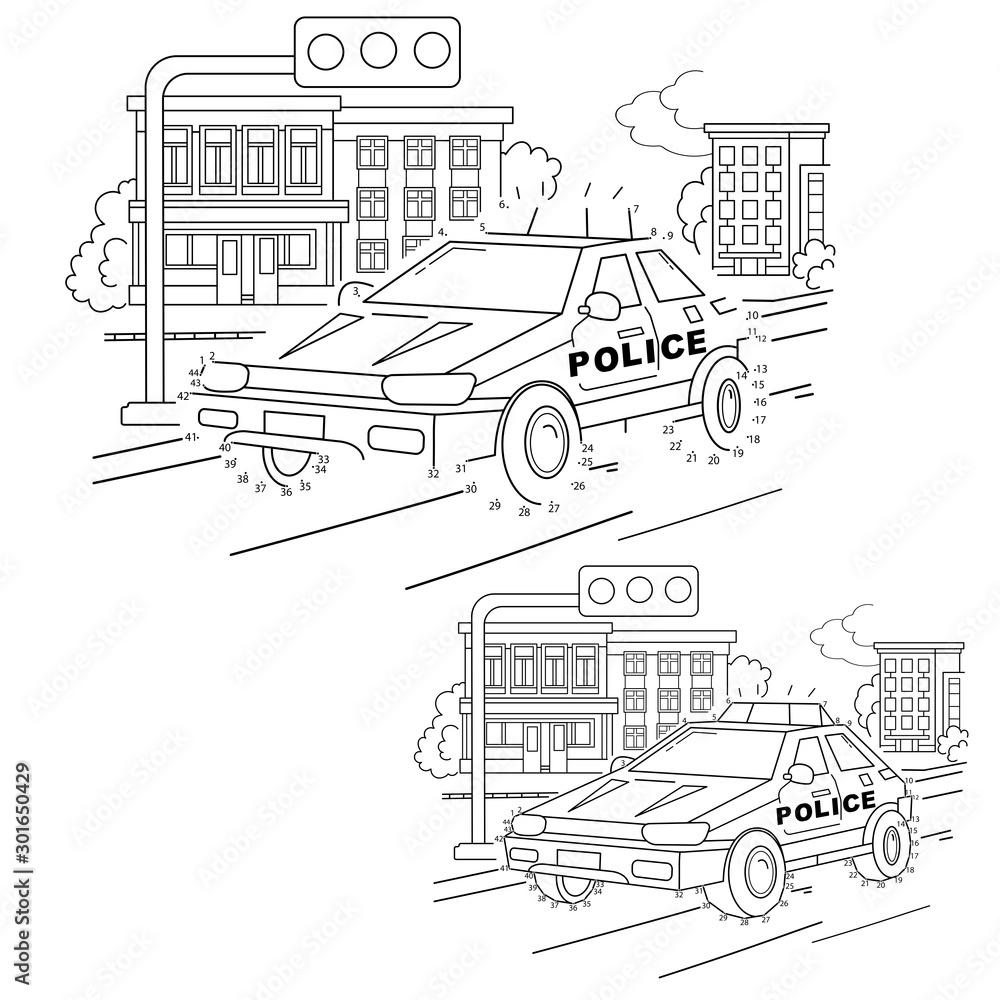 Educational Puzzle Game for kids: numbers game.Police car. Coloring Page Outline Of cartoon policeman with car. Coloring book for children.