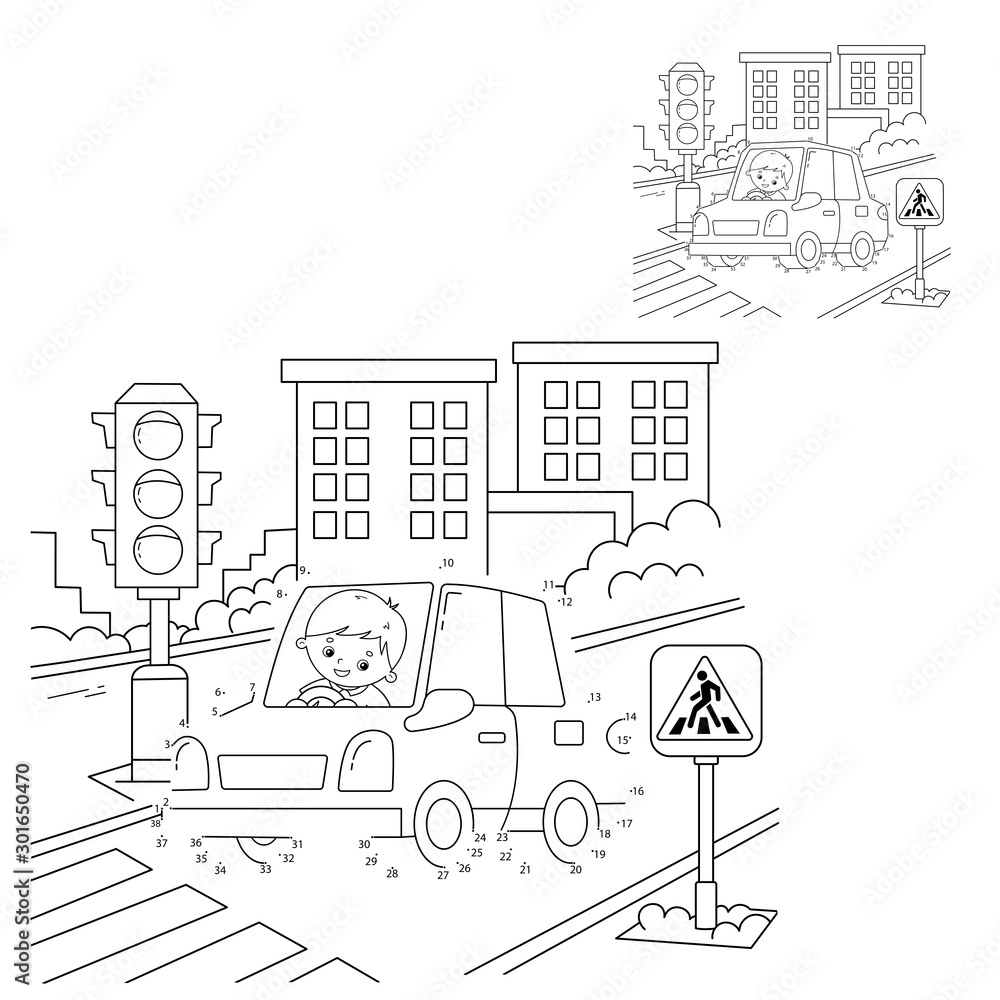 Educational Puzzle Game for kids: numbers game. Car. Coloring Page Outline Of cartoon car with driver on road. Coloring book for children.