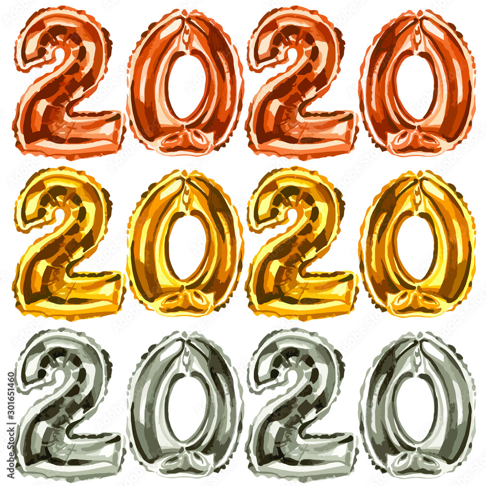 Vector illustration of gold, rose gold and silver shiny 2020 balloon set for New year card invitation Vector illustration of gold, rose gold and silver shiny 2020 balloon set for New year card invitation