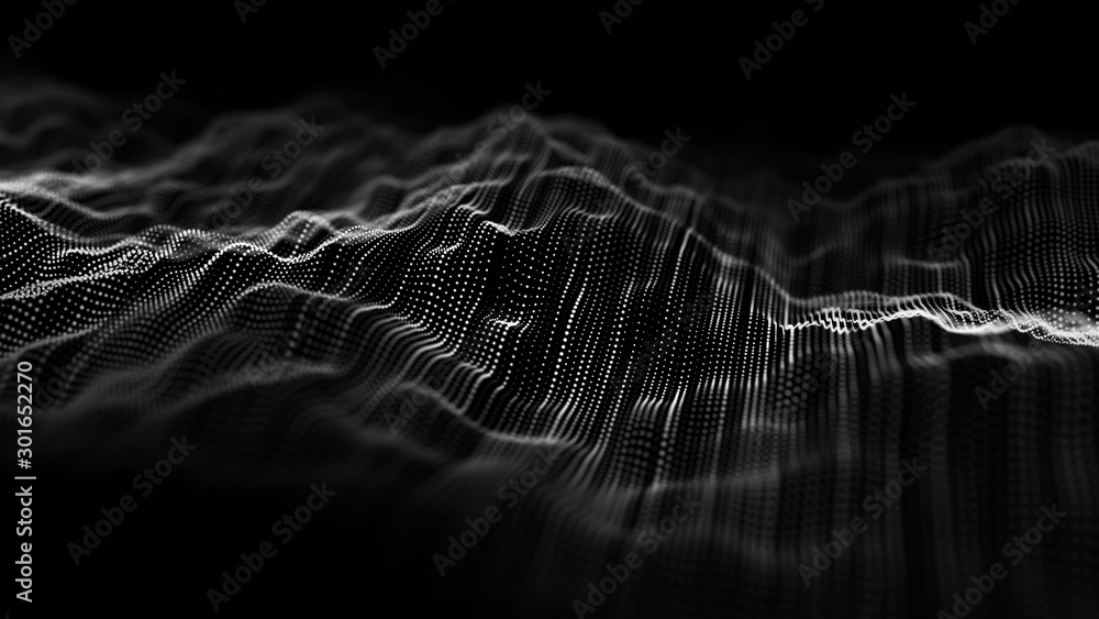 Wave of particles. Abstract background with a dynamic wave. Big data visualization. 3d rendering. - obrazy, fototapety, plakaty 