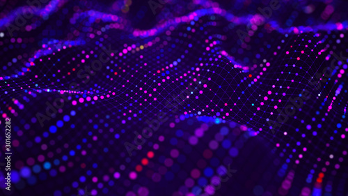 Futuristic dots background. Color music sound waves. Big data visualization. 3d rendering. © Oleksii