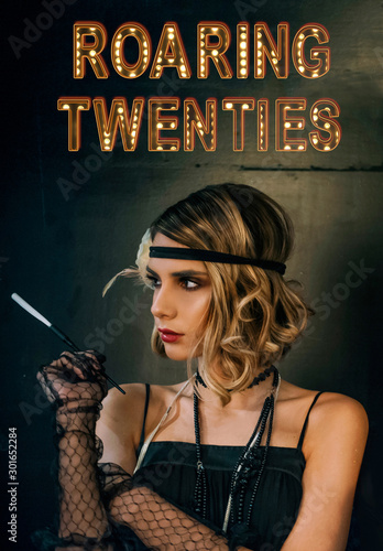 Obraz na płótnie Roaring twenties poster flapper party girl, vintage 20s fashion style and make u