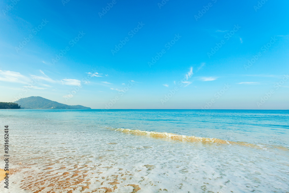 Fototapeta premium Amazing blue sky and calm Andaman sea in the morning Beautiful white sand beach nature for background and summer design